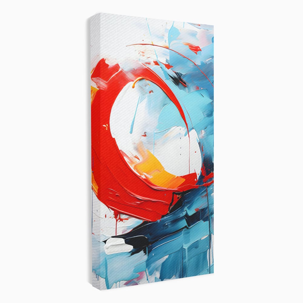 Tablou canvas cu pictura abstracta cu cerc rosu si tuse albastre, fara rama, pe sasiu de lemn